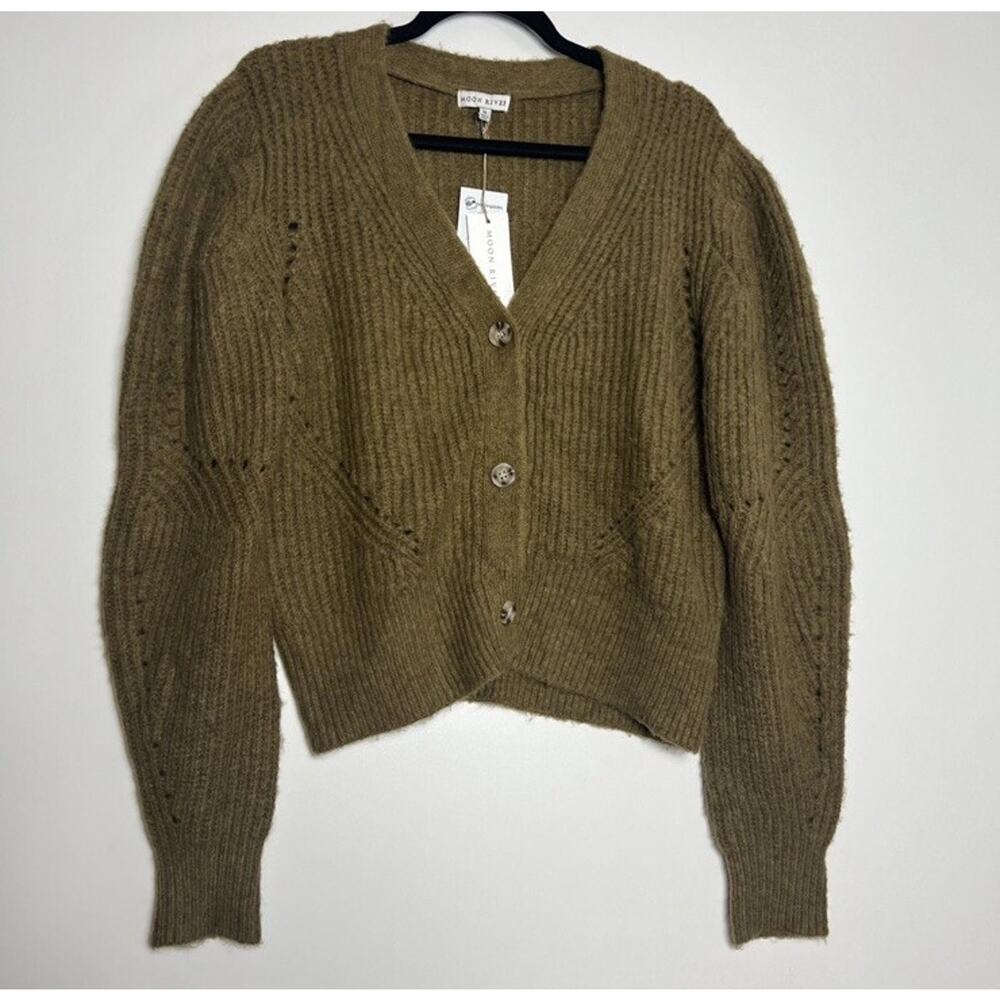 Moonriver Women’s Long Puffed Sleeves Olive Green Chunky Cable Knit Cardigan M